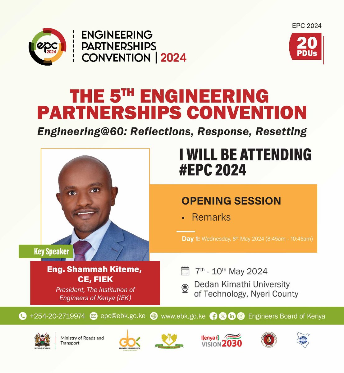 We have important conversations happening at EPC next week In Nyeri County. I will be attending @citizentvkenya @K24Tv @KBCChannel1 @ntvkenya @StandardKenya @TheIEK @EngineersBoard