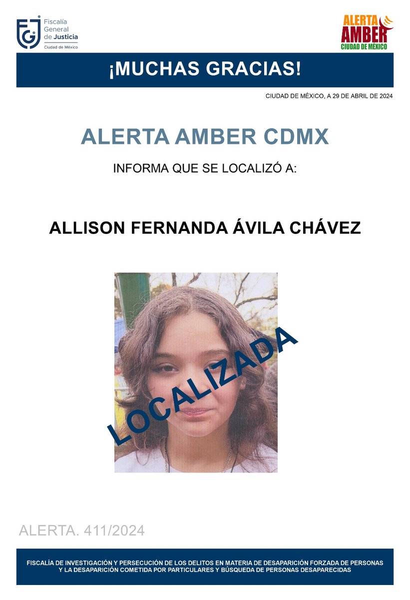 Ha sido localizada la menor Allison Fernanda Ávila Chávez, agradecemos a la ciudadanía, medios de comunicación e instituciones, se desactiva #AlertaAmber