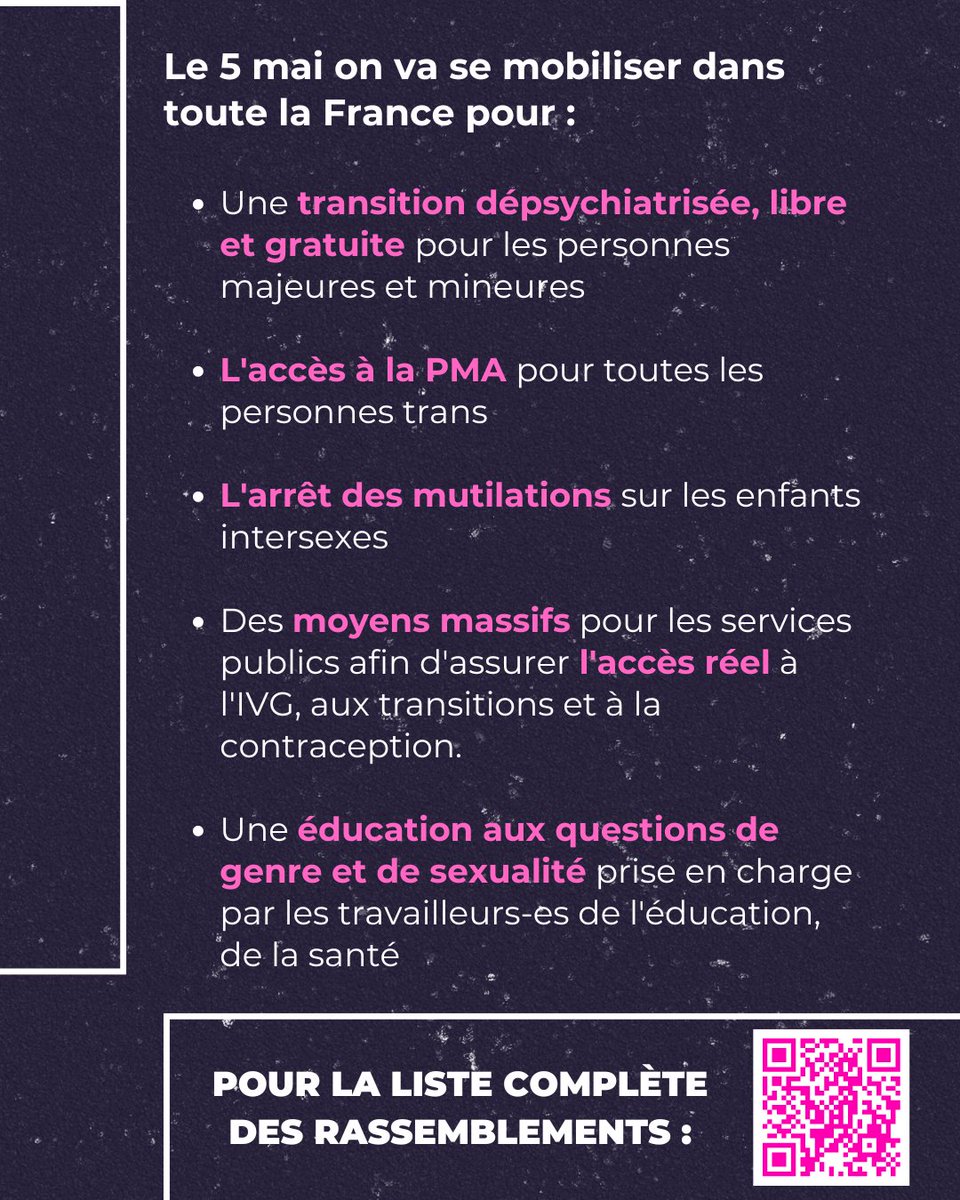 800 organisations, collectifs et personnalités appellent à se mobiliser partout en France le 5 mai ! Organisons la résistance trans, envoyons un signal au monde entier : nous ne baisserons jamais la tête face à l'extrême-droite et à ses campagnes de haine x.com/Politis_fr/sta…