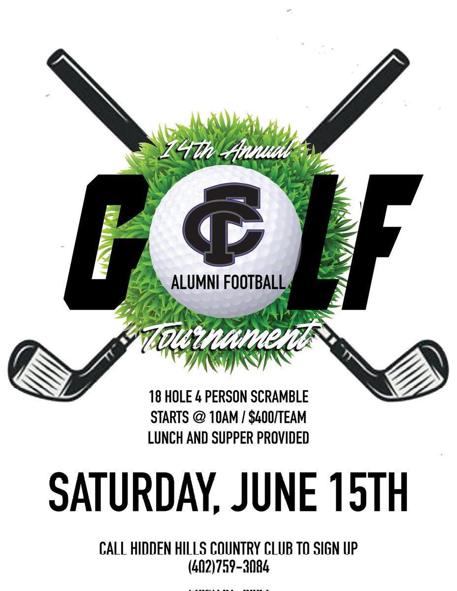 14th Annual Fillmore Central Alumni Golf Tournament 
June 15th, 2025
9:30am Registration 
10am Shotgun Start
Lunch and Supper Provided