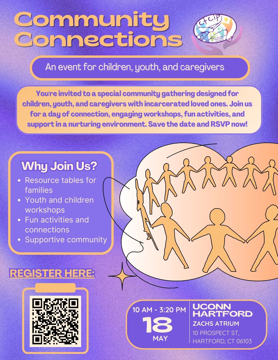 ✨ Exciting news! Introducing the CTCIP Community Connections Event for Hartford Youth, children, and caregivers affected by parental incarceration. Join us for community support, local resources, and fun! Register here: bit.ly/3xV1SDU