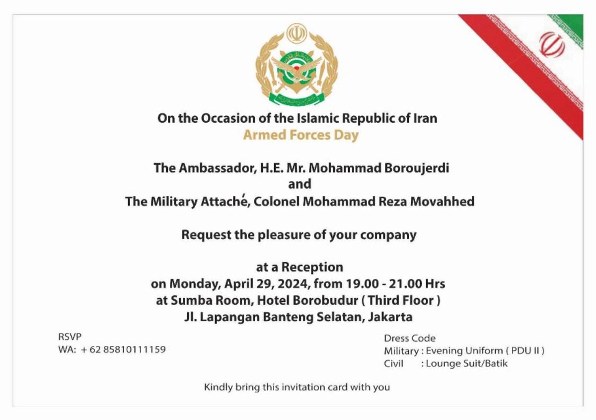 Congratulations on the celebration of Islamic Republic of Iran Armed Forces Day @IraninIndonesia . 🇮🇷🇮🇩