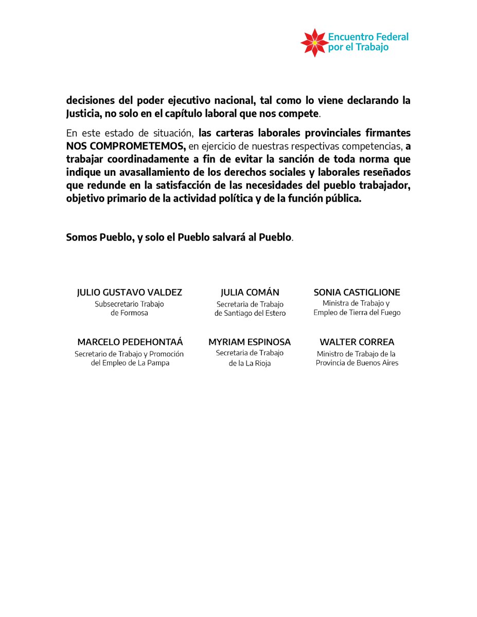 TrabajoPBA's tweet photo. Comunicado de las Provincias en oposición al avance del DNU en materia laboral. 

Lee la nota completa➡ https://t.co/SEJzt3dw89 https://t.co/T3hn6nvqHd