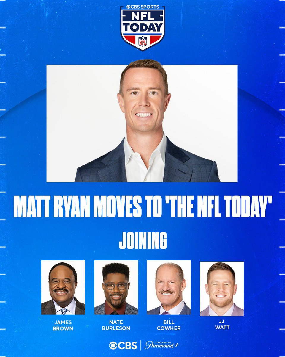 Transactions: Matt Ryan (analyst) joins ‘The NFL Today’ studio show at CBS. @M_Ryan02 moves to studio after working as game analyst alongside @AndrewCatalon (pbp) & @TikiBarber (analyst) last season. #NFL