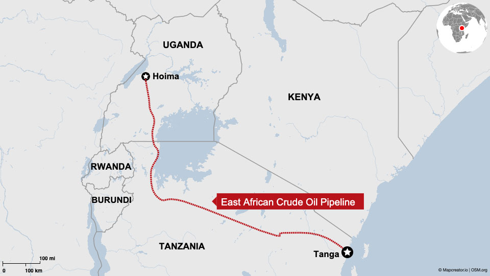 Das ist die geplante Pipeline #EACOP. 1400 Kilometer Rohre, nur damit der französische Konzern Total und Andere in neokolonialer Manier Erdöl aus Uganda verschiffen können, während auf dem afrikanischen Kontinent hunderte Millionen Menschen unter Energiearmut leiden. 1/