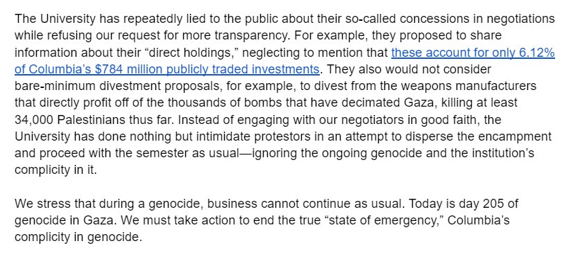 PRESS RELEASE @ColumbiaBDS: Columbia University illegally fabricates a “state of emergency” to mass suspend, expel, and evict hundreds of peaceful protestors by 2 PM today. Student negotiators will host a press conference at 2:30 PM outside of Butler library with updates.