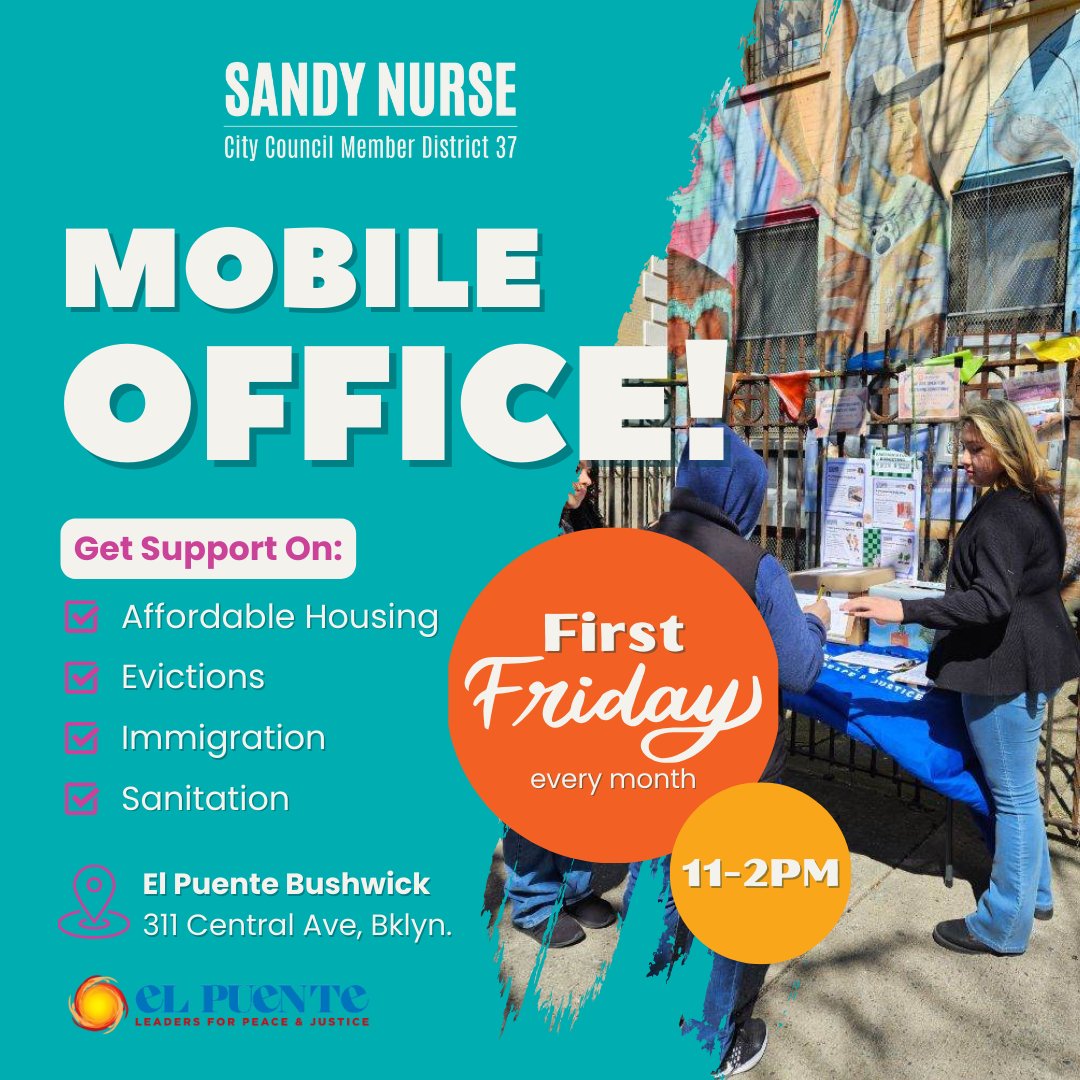 We are hosting Mobile Office hours the first Friday of every month @elpuentepalante in Bushwick (311 Central Ave, Bklyn 11221) from 11-2pm. Come chat with us in person and get support from our team! #District37 #MobileOffice