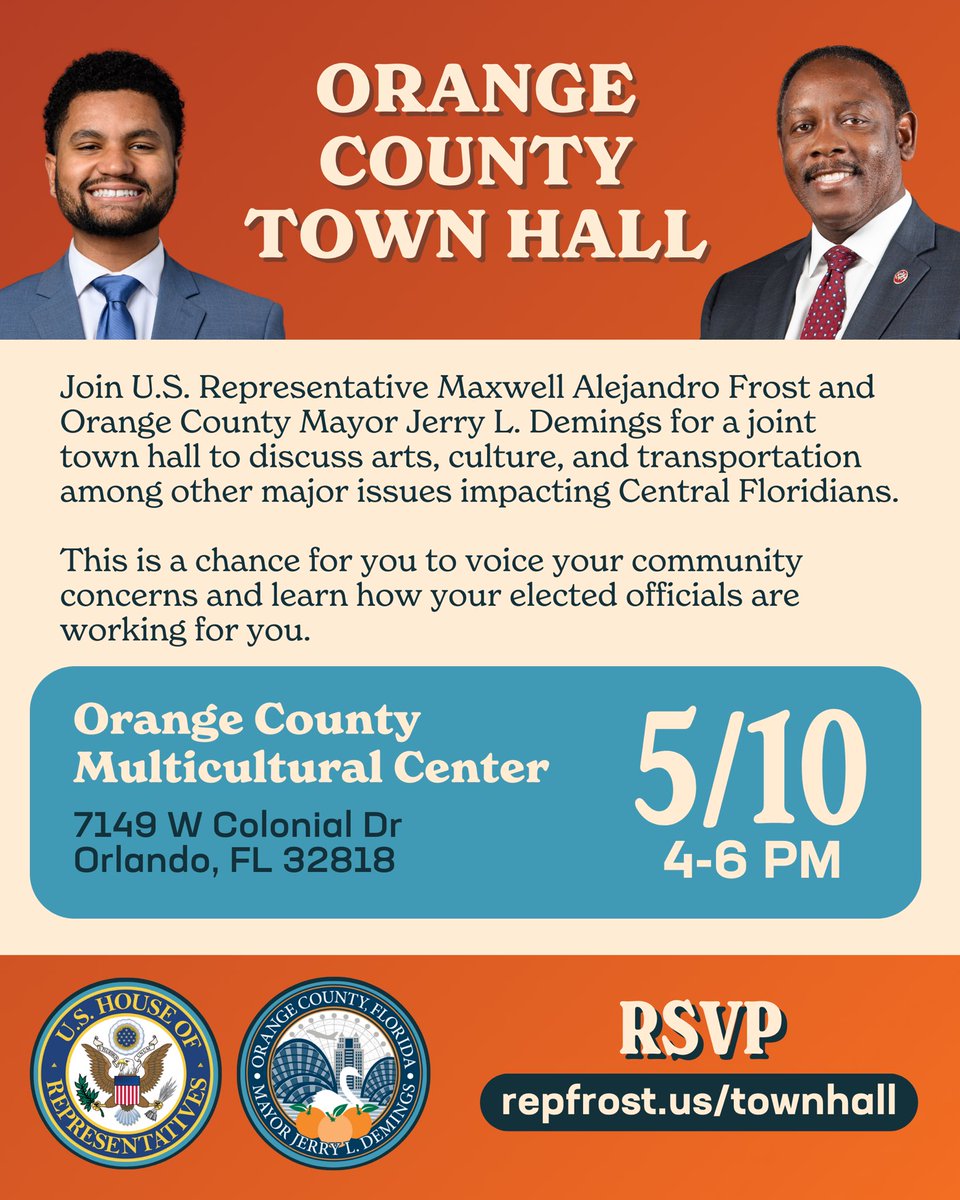 🍊 Orange County residents: We’re partnering with @OrangeCoFL for a joint town hall on Friday, May 10, to discuss arts, culture, and transportation, among other major issues impacting Central Floridians. RSVP at repfrost.us/townhall