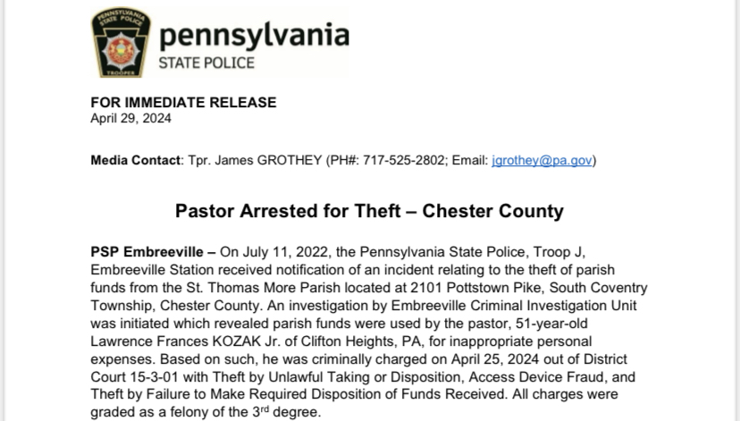 Embreeville Criminal Investigation Unit has charged Lawrence Kozak Jr. in connection with funds being used inappropriately from St. Thomas More Parish.