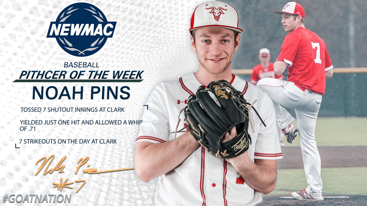 .@WPIBaseball's Pins Pockets Second @NEWMACSports Baseball Pitcher of the Week Accolade 😏 Read for more! ⤵️ 📰↠tinyurl.com/589mau28 ⚾️𝚡🐐 #GoatNation #d3bsb