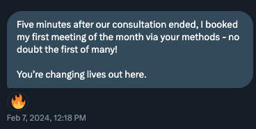 Congrats Wes!

<a href="/EverydayBattleW/">💀 Wes 💀</a> is absolutely crushing it since our consult:

300% Monthly quota attainment
130% quarterly quota attainment
110% of the yearly quota 4 months into the year

This is the same person who booked a meeting 5 minutes after our first consultation