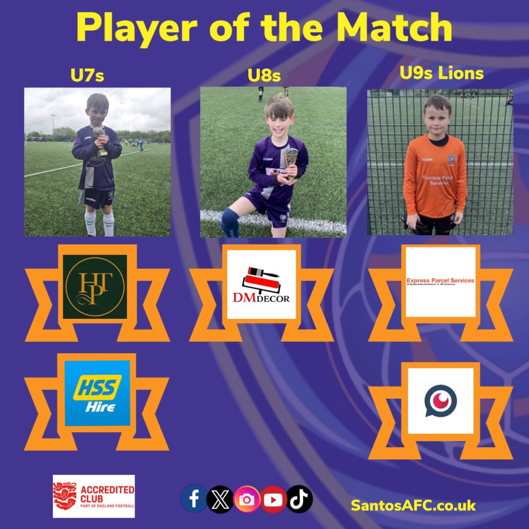 🏆Player of the Match 27/04/24 - 28/04/24

#U7s -  Torin

#U8s  - Noah

#U9sLions - Harry 

Keep up the good work!  🏆

With thanks to our sponsors #DMDecor #hydeplatinumtravels #HSSProservice #eps_expressparcelservices 
#foresightitservices