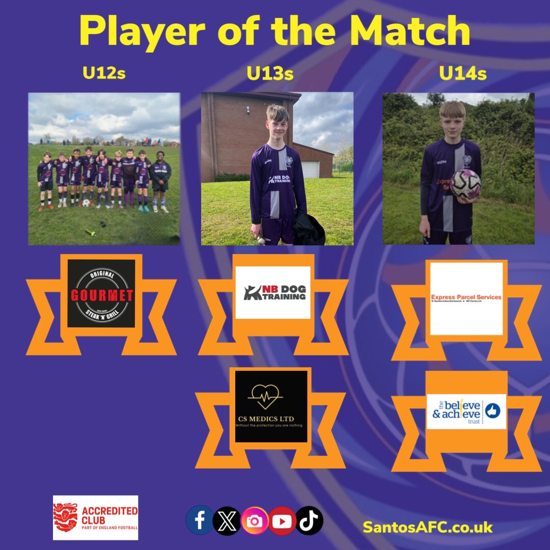 🏆Player of the Match 27/04/24 - 28/04/24

#U12s - The Whole Team

#U13s - Fin

#U14s - Harley

Keep up the good work!  🏆

With thanks to our sponsors #originalgourmetsteakngrill  #csmedicsltd #eps_expressparcelservices #nbdogtraining #thebelieveandachievetrust