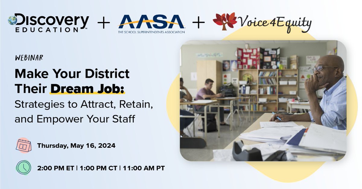 Join us on May 16, at 2 PM EST along with @AASA and @Voice4Equity for a strategic staffing webinar and discover how to attract, retain, and empower your staff with speakers @luvelleb, @drbarbaramullen, and Dr. Rebecca Andrade 🍎 Learn more - aasa-org.zoom.us/webinar/regist…