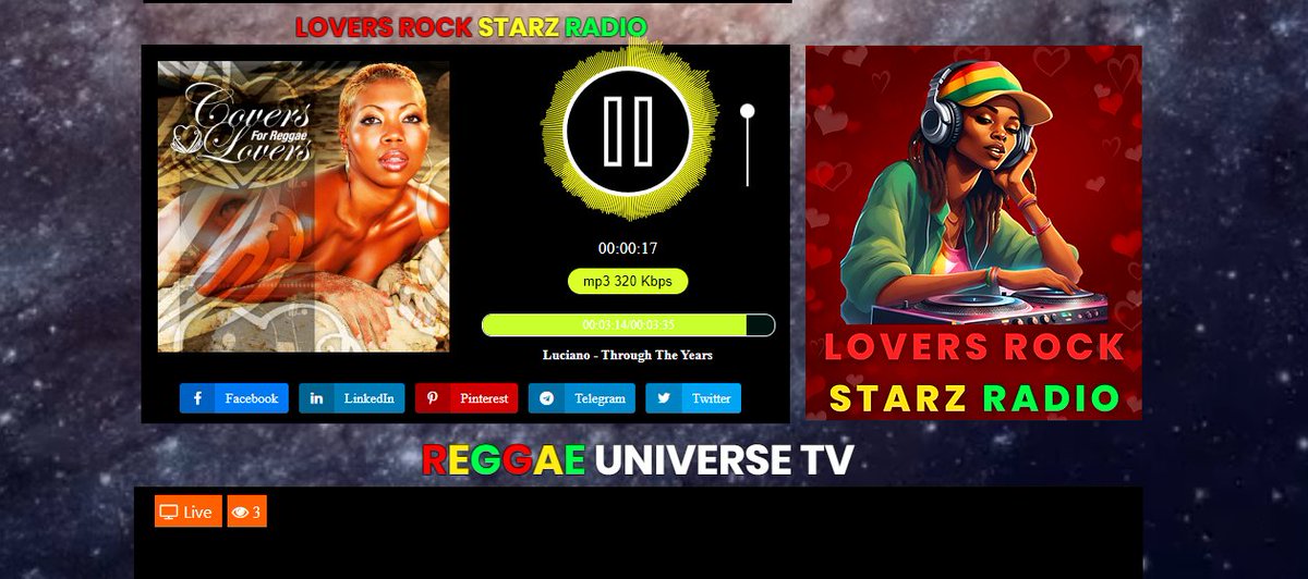 Radio Lovers Rock Starz
🔊 Reproduciendo ahora ⏯ Luciano - Through The Years @ reggae-universe.com/#LoverRockStar… @ReggaeStarz_RSR @savedancehall @reggaeunivrse @reggaeunrecords @reggaeunivrsetv #Reggae #soca #dancehall #loversrock #afrobeat #Jamaican #Dub #ReggaeUniverso🌍