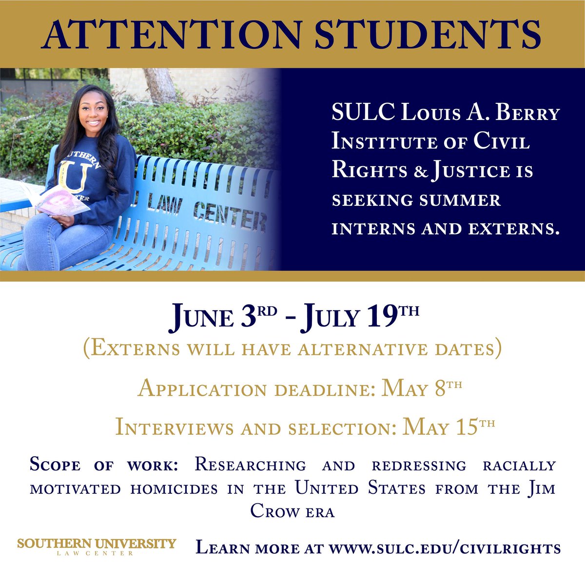 Apply today to be a summer intern with the @SULC_LAB in partnership with the @CRRJ_NUSL! The program runs from June 3 to July 19, 2024 with alternative dates available for students seeking externship credit. The deadline to apply is May 15.