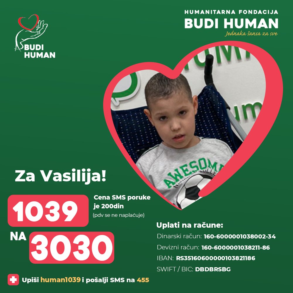 Pomozimo Vasiliju!

Upišimo 1039 i pošaljimo SMS na 3030

budihuman.rs/korisnik/1039/…

#budihuman #jednakašansazasve