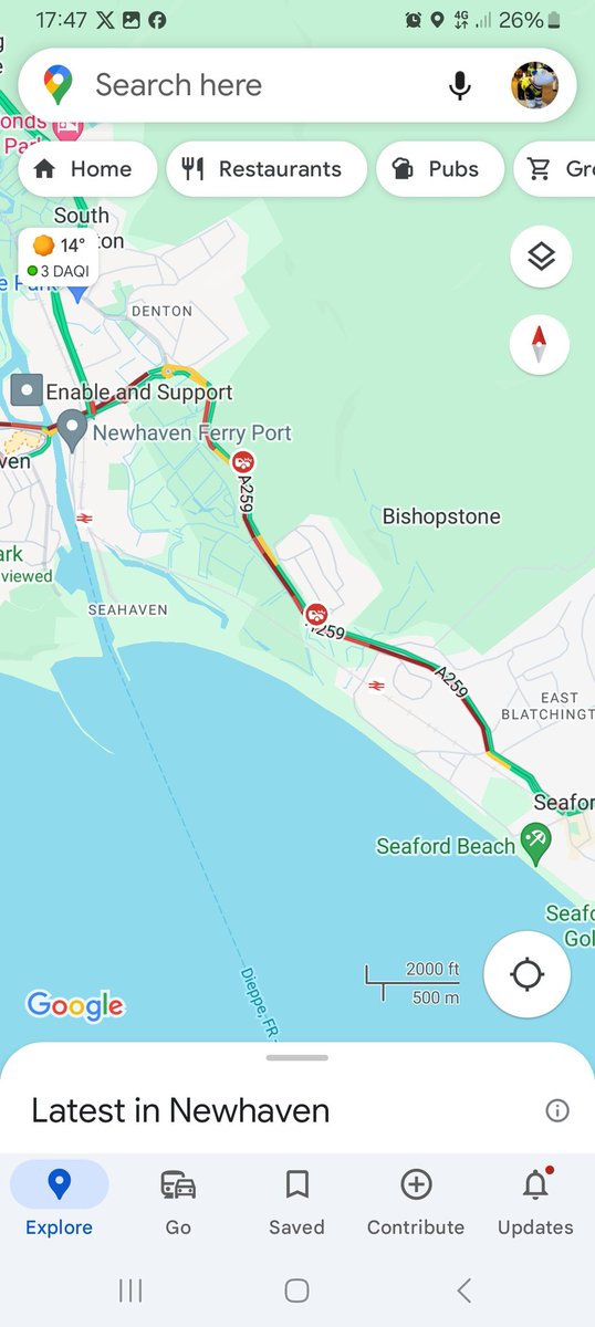 A259 Between seaford and Newhaven rtc ongoing Road remains part blocked Queuing traffic Eastbound from peachaven Central through to Denton corner roundabout and westbound from Bishopstone @SylvMelB @BBCSussex @BrightonHoveBus @hawkinthebury @SussexIncidents @V2RadioSussex