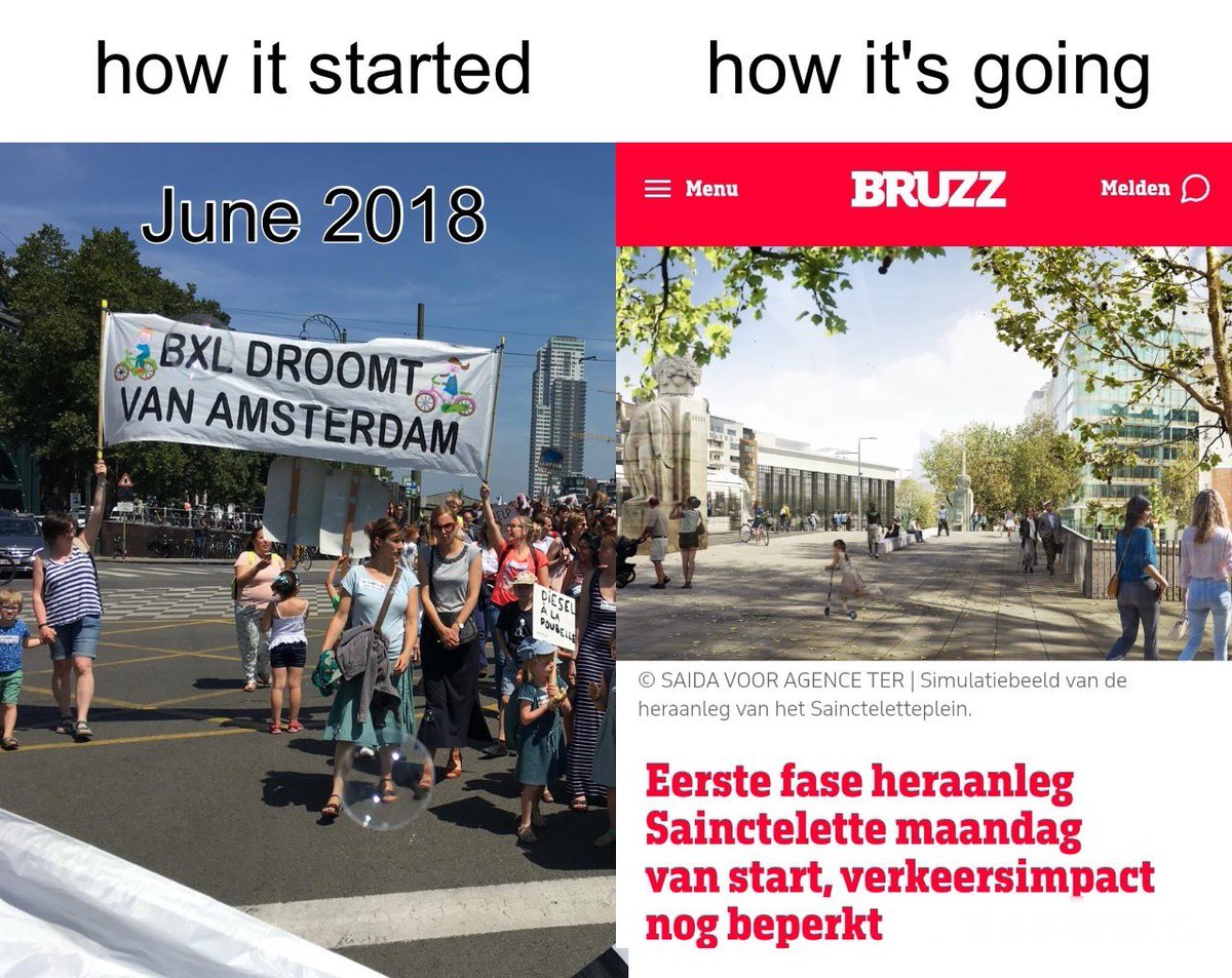 De luide kreet voor gezondere lucht en veiligere straten van toen, vertaalt zich vandaag in de start van de werken voor een groener en veiliger “brugplein” @elkevdbrandt 👏💪

Nog even en we kruisen elkaar onder de brug 🤩🚴🏼 #BrusselVerandert