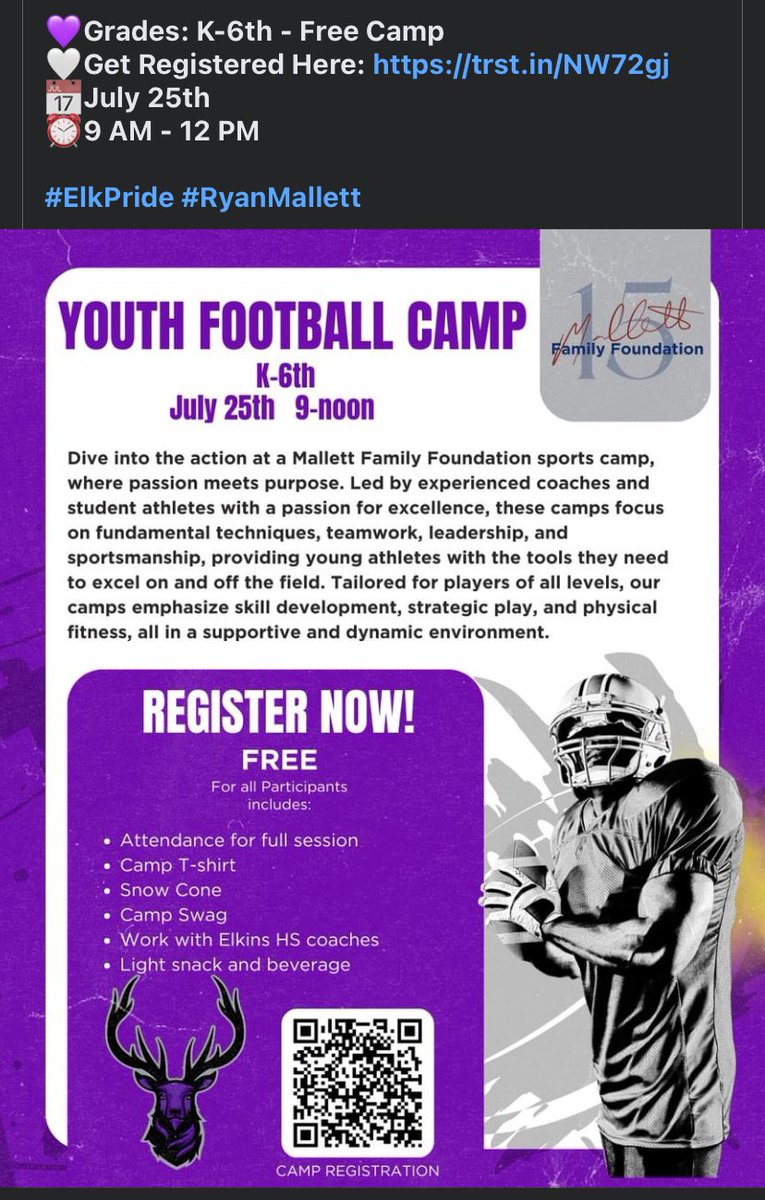 JULY 25th #Youth #FootballCamp grades K-6th- ELKINS, AR! Don’t miss this one!! Elkins has some of the best coaches in AR!! @Elkins_Football @ElkinsAthletics