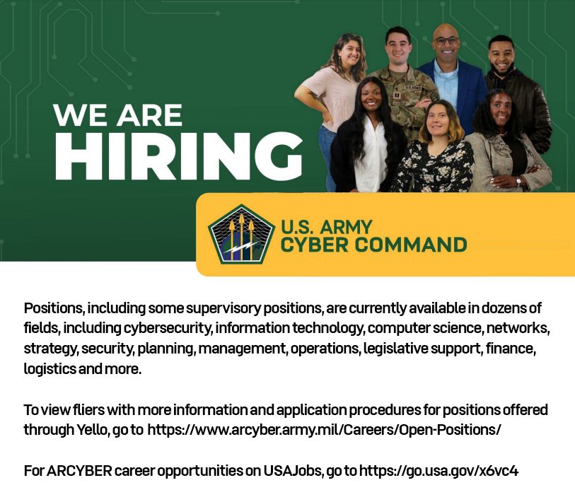 Join our world-class team! Currently we have more than 60 positions open. #cyber #techjobs #stemjobs #careers #jobsearch #Armypossiblities #BeAllYouCanBe @780thC @CG_CyberForge @ArmyDCSG6 @ArmyCIO @US_CYBERCOM @CpbHunters @USArmyNETCOM