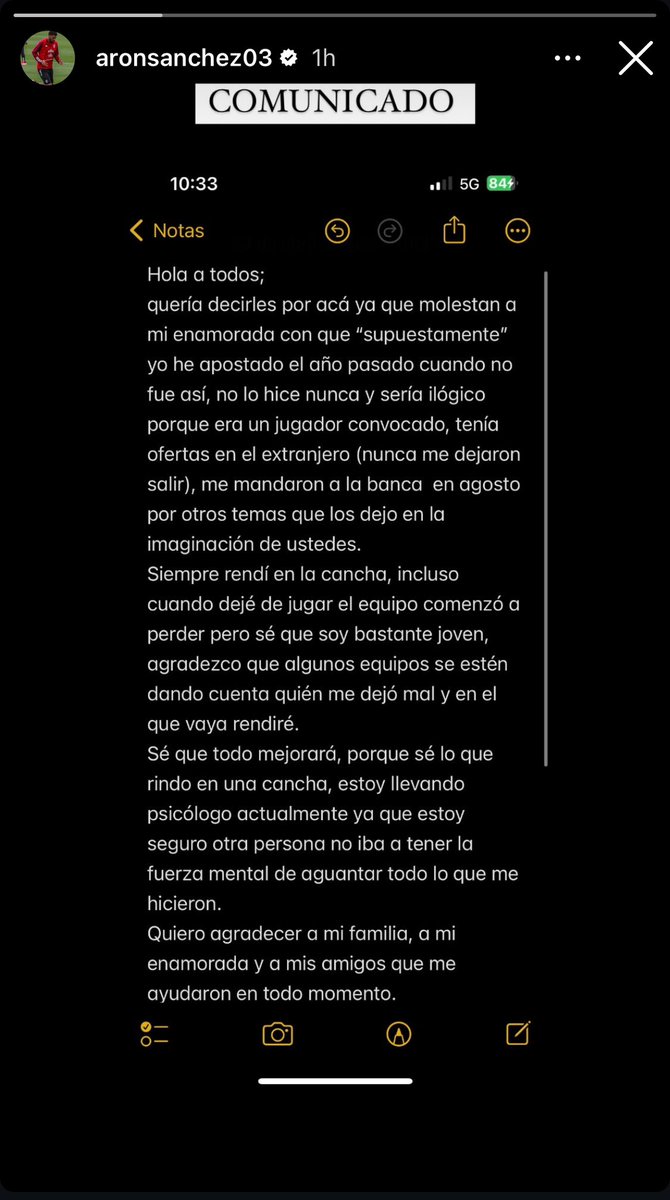 El mensaje que Aron Sánchez publicó mediante una historia en su cuenta de Instagram acerca de las “apuestas deportivas”. El defensor nacional señala que en Cantolao lo mandaron a la banca de la nada, tuvo propuestas del exterior, pero nunca lo dejaron partir.