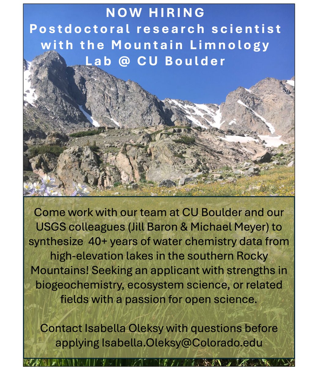 We're hiring! Work with @JillBaron4, @mishafredmeyer, and I to synthesize 40+ years of biogeochemical data from lakes across the southern Rocky Mtns. Pay range $65-75k, negotiable start date jobs.colorado.edu/jobs/JobDetail… Funded by @usgs_climate @NC_CASC for 2+ years