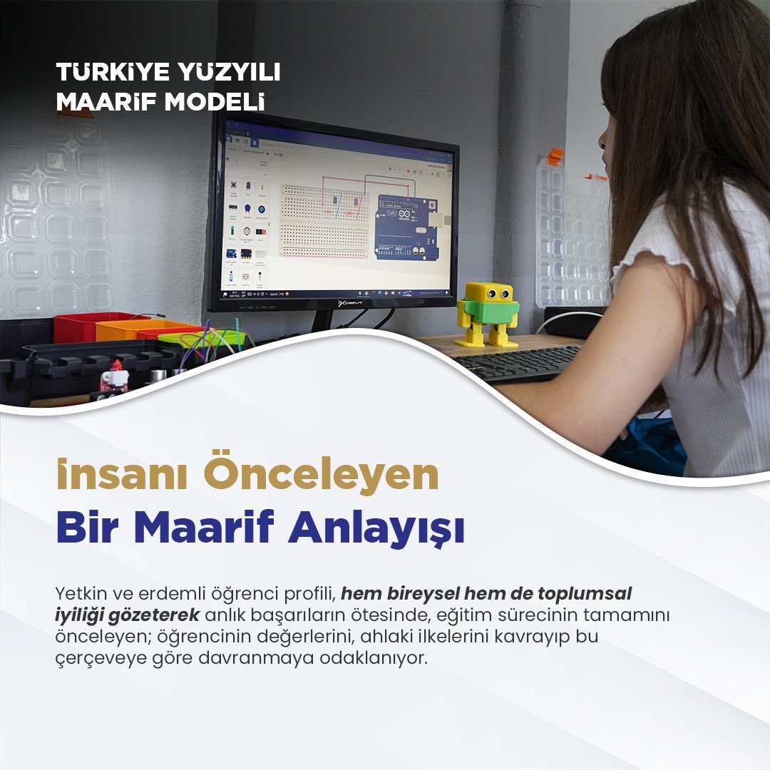 Türkiye Yüzyılı Maarif Modeli Yetkin ve erdemli öğrenci profili, hem bireysel hem toplumsal iyiliği gözeterek anlık başarıların ötesinde, eğitim sürecini önceleyen; öğrencinin değerlerini, ahlaki ilkelerini kavrayıp bu çerçeveye göre davranmaya odaklanıyor. #KöklerdenGeleceğe