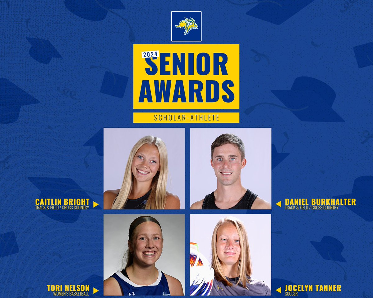 Senior Awards - Scholar-Athletes! 💙 🎓 Caitlin Bright, Human Biology (4.0) 🎓 Daniel Burkhalter, Mathematics (4.0) 🎓 Tori Nelson, Exercise Science & Community & Public Health (4.0) 🎓 Jocelyn Tanner, Mathematics (4.0) #GoJacks 🐰