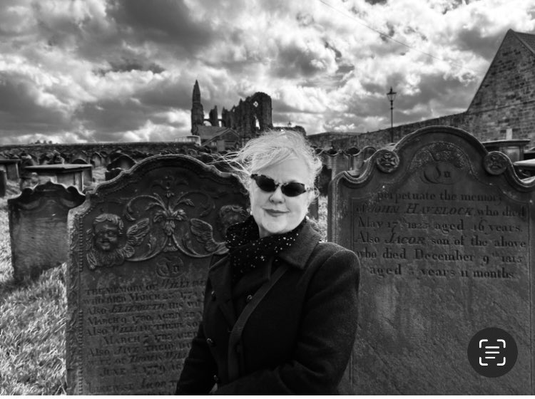 I’m usually completely photophobic and unphotogenic, but I love this photo of me taken today in the gothically glorious churchyard of Whitby’s parish church, St Mary’s 🖤