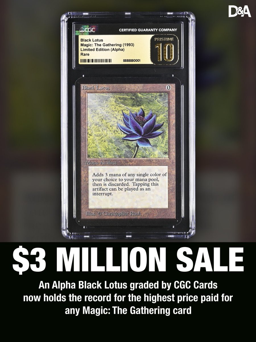 RECORD SALE 🤯🤯🤯 An Alpha Black Lotus graded by CGC Cards now holds the record for the highest price paid for any Magic: The Gathering card of $3 million!!! The transaction took place in a private sale between Adam Cai of Pristine Collectibles and an undisclosed buyer.