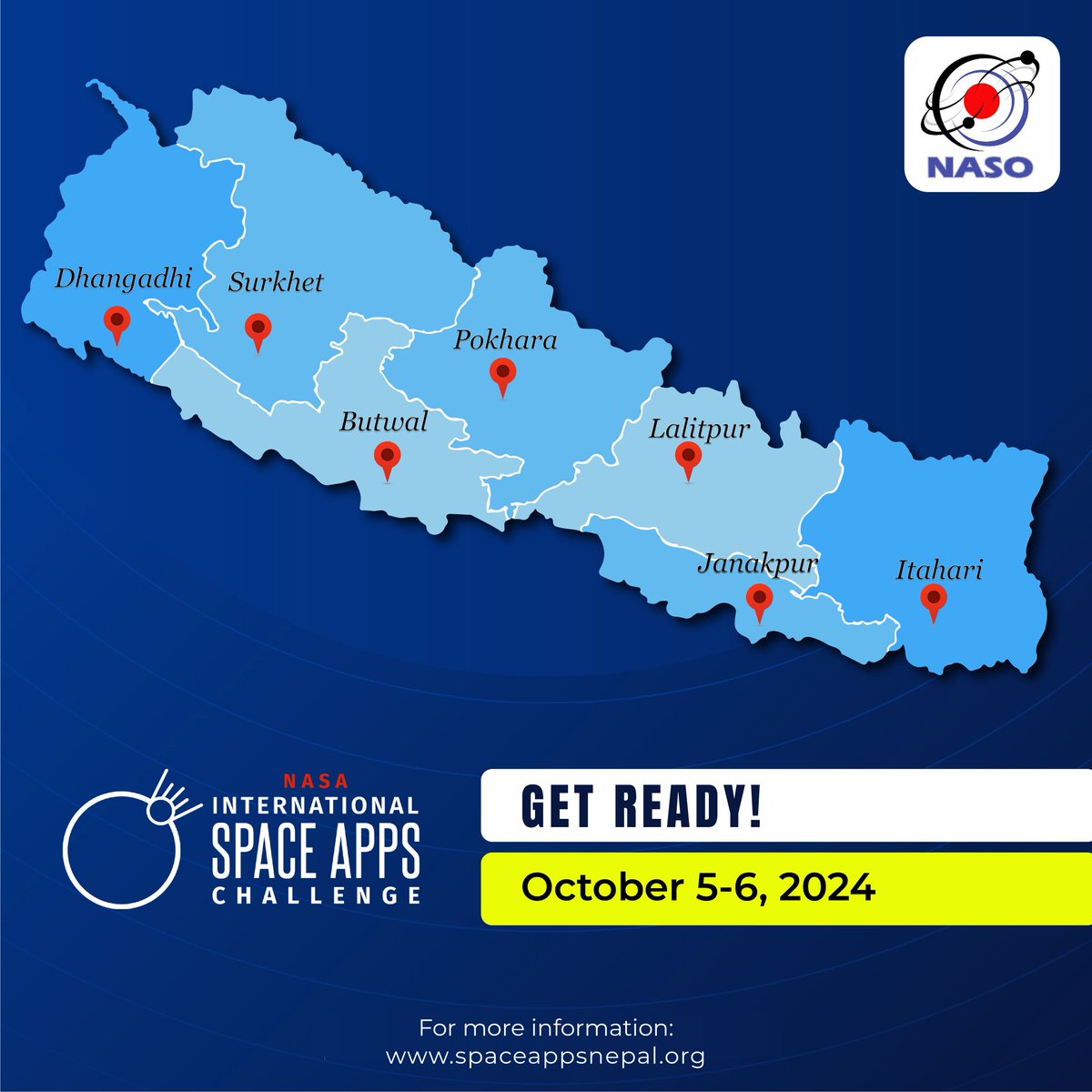 Mark your calendar! We are bringing NASA International Space Apps Challenge in your city from October 5-6, 2024. #NASONepal #SpaceApps 

We are alsolooking for collaborators at respective cities! Interested? Inbox us!