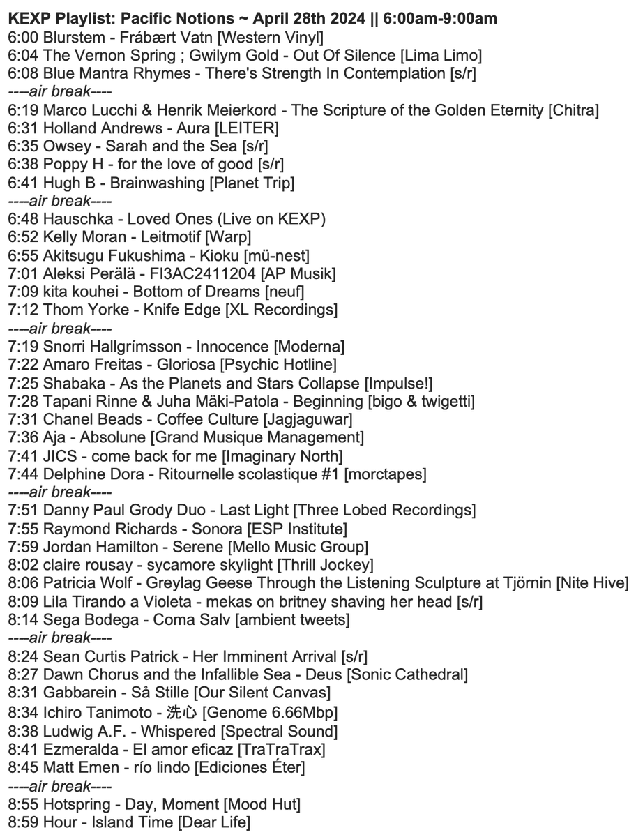 'Pacific Notions' ~ April 28th 2024 🌊💙 Stream before May 12th: bit.ly/3xV0LnR ...or from the @kexp app 🎧 3 hours of beautiful new music, feat. @westernvinyl @moderna_records @WarpRecords @Genomeshanghai @OurSilentCanvas @esp_institute @3lobed @mu_nest + more 📻😌✨