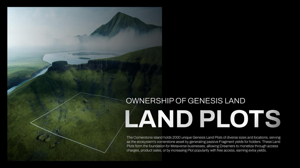 The Cornerstone island holds 2000 unique Genesis Land Plots of diverse sizes and locations, serving as the ecosystem's cornerstone asset by generating passive Fragment yields for holders. These Land Plots form the foundation for Metaverse businesses, allowing Dreamers to monetize