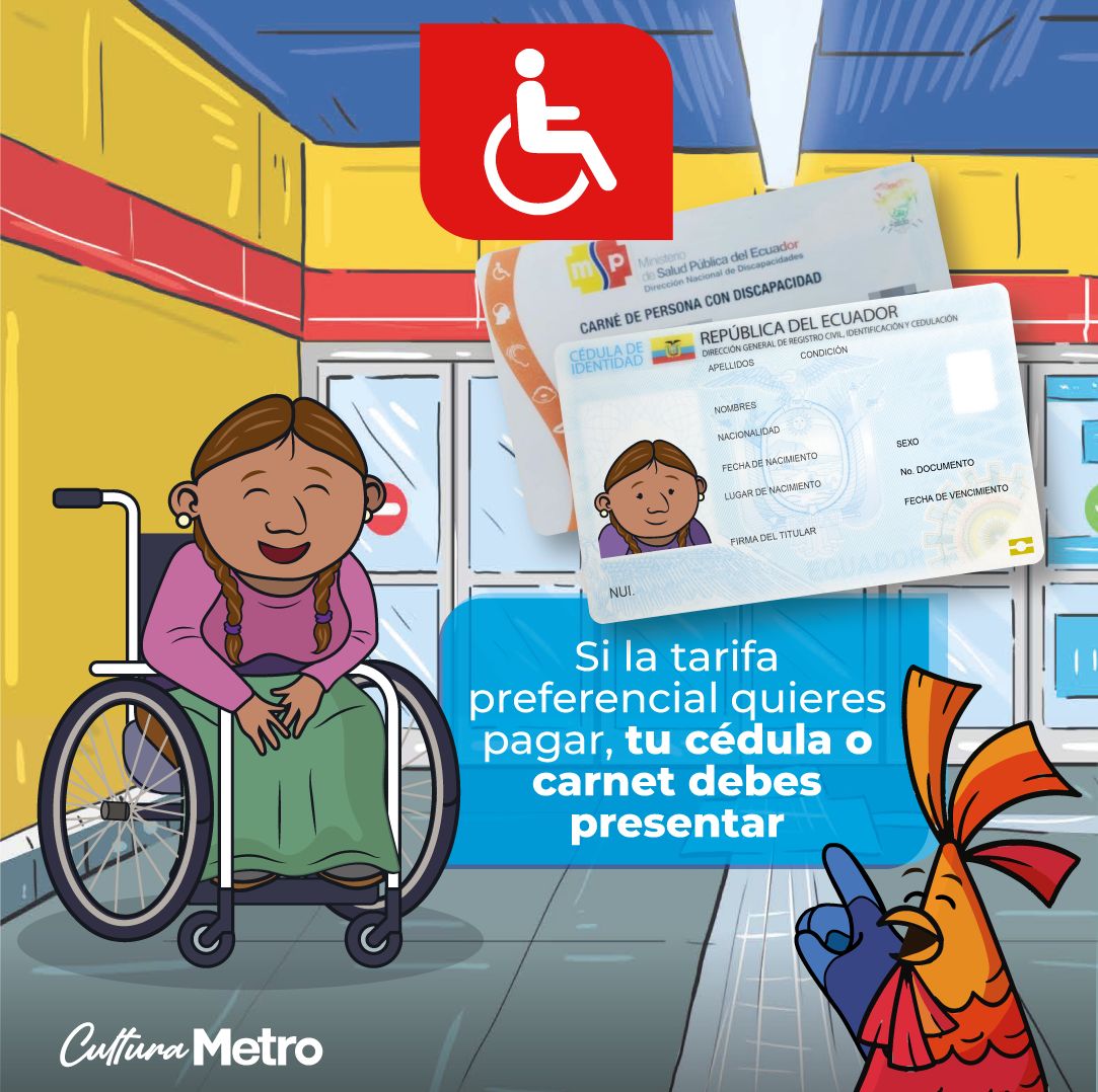 🚇#ElMetroDeQuitoRenace | En el Metro viajamos todos. Si eres una persona con discapacidad, al momento de adquirir tu ticket, presenta tus documentos habilitantes para acceder a la tarifa reducida de $0.10👇. ✅Cédula o ✅Carnet de discapacidad #CulturaMetro #QuitoRenace