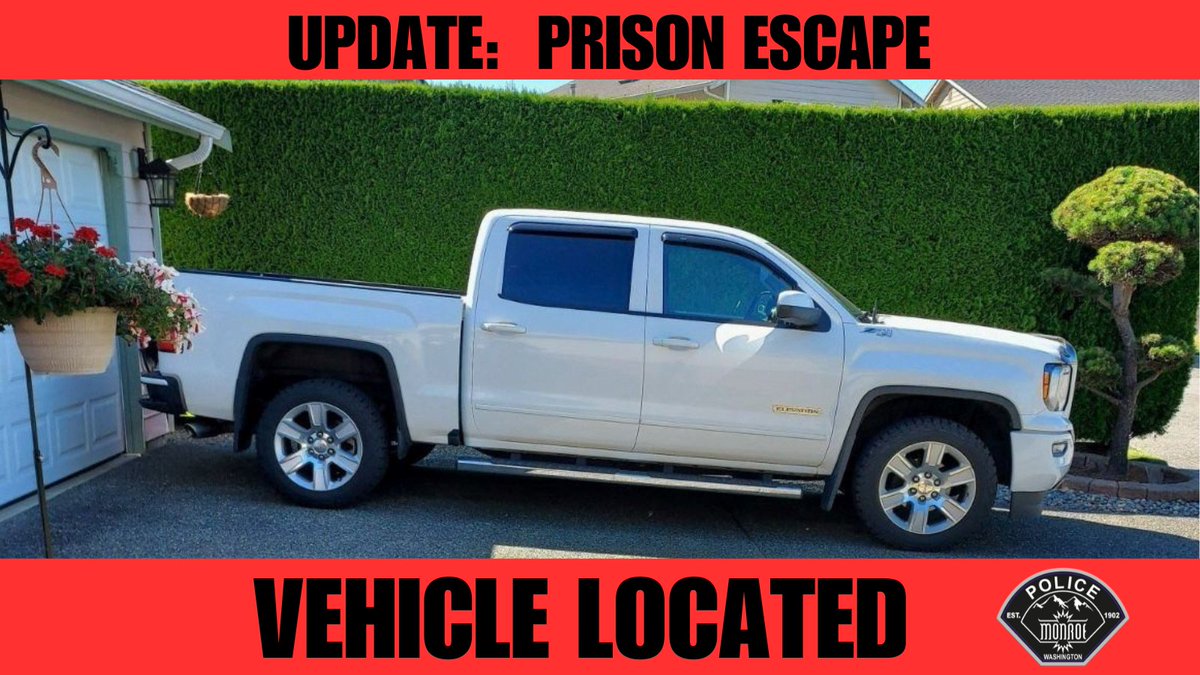 Update: Vehicle stolen in Friday's prison escape found in Seattle's Central District. State Patrol impounded it; Monroe PD detectives processing for evidence. Search ongoing for Mr. Clay. Tips to police@monroewa.gov or (360) 794-6300. If spotted, do not approach; call 9-1-1.