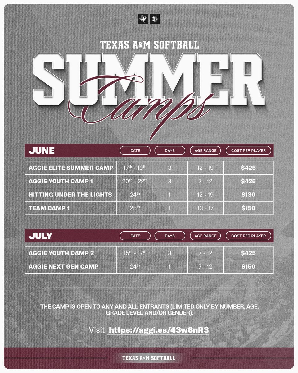 Save those summer dates 👍 🔗 12thman.com/softballcamp #GigEm