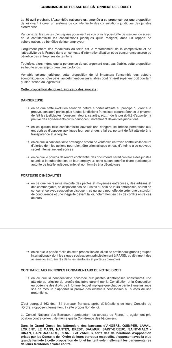 ConfRegBatOuest's tweet image. Les 13 barreaux de la Conférence Régionale des Bâtonniers de l'Ouest, disent NON au vote du legal privilege.
Communiqué de presse ⤵️