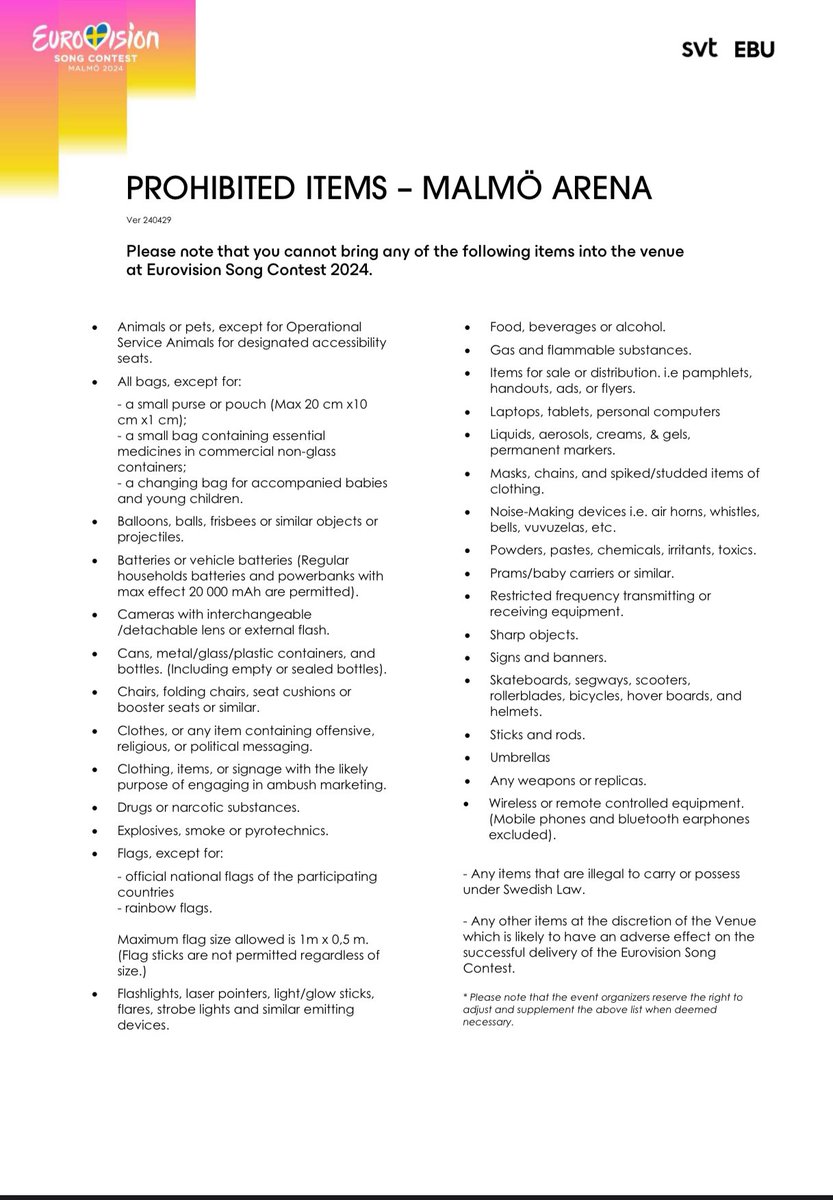 Updated prohibited items list. Source: Malmö Arena #Eurovision
