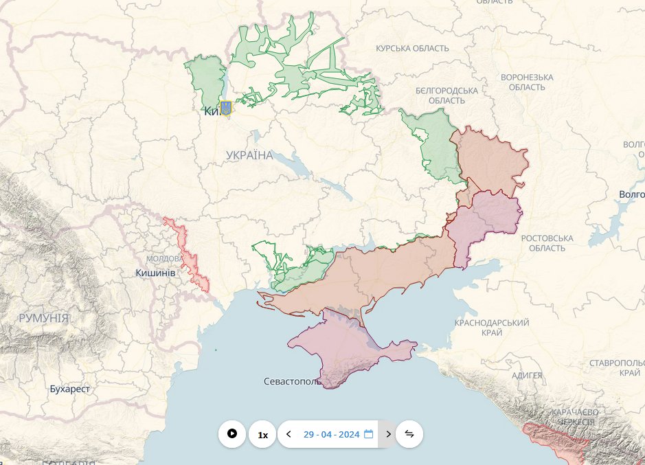 We lezen nu steeds vaker dat de Russen 'zouden zijn doorgebroken, dat Rusland aan het winnen is, dat het front instort etc.' Voornamelijk door Russische propagandisten. Maar laten we even objectief kijken naar de veranderingen van het afgelopen jaar.
Links: Oekraïne 29 april 2023…