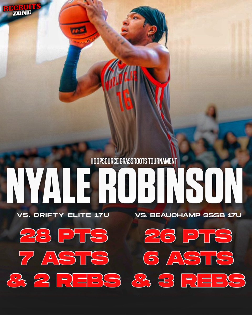 2025 3 🌟 prospect Nyale Robinson had a high quality weekend at a HoopSource Tournament. 💪🏼 vs. Drifty Elite 17u: • 28 PTS • 7 ASTS • 2 REBS vs. Beauchamp 3SSB 17u: • 26 PTS • 6 ASTS • 3 REBS