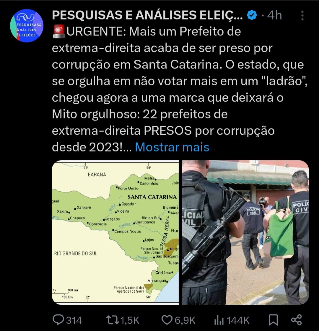 Já são 22 Prefeitos bolsonaristas presos por Corrupção em Santa Catarina. Tem mais Prefeitos presos que obras do bolsonaro no Estado. E 22 não é o número do PL -Partido dos Larápios??