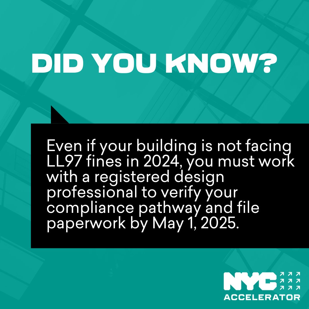 How is your building preparing for LL97 reporting requirements? Buildings greater than 25,000 sq. ft. must comply - contact #NYCAccelerator for information about your compliance pathway to ensure your building is on track for compliance: on.nyc.gov/3AMf6Au