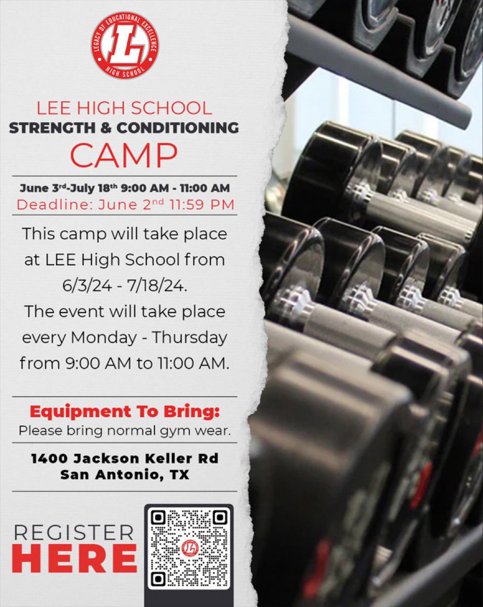 Sign up today‼️ S&C Camp. Incoming 9th - 12th Grade athletes. Fee: $50 Location: LEE Weight Room @AthleticsNimitz @JaguarsJackson @leevolsbooster