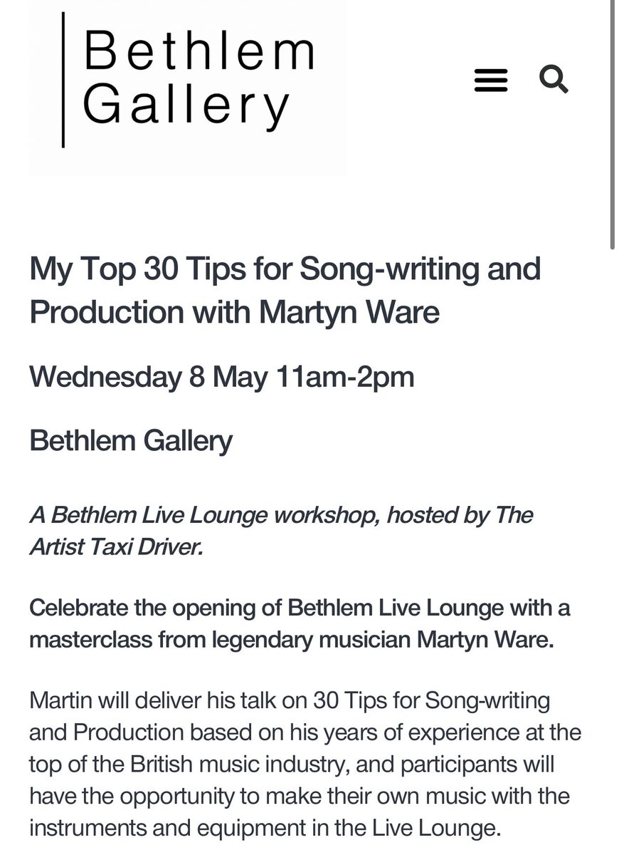 Workshop by the amazing @martynware Heaven 17 Human League on Wednesday week @Bethlem_Gallery book here 👉 bethlemgallery.com/whats-on/works…