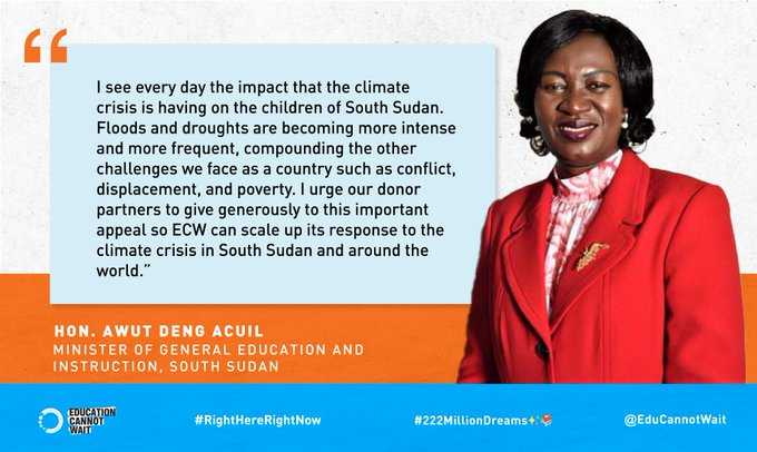'In🇸🇸floods & droughts are becoming more frequent, compounding other challenges such as conflict & poverty. I urge donors to give generously to this appeal so #ECW can scale🆙its response to the #ClimateCrisis.”~Min @AwutDengAcuil #RightHereRightNow👉bit.ly/ECWClimate/