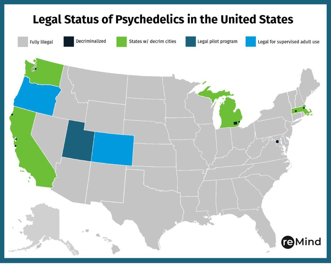 No psychedelic drugs are legal at the federal level. However, ketamine is legal for medical use. 🍄3 states have legalized psychedelics as part of their own regulated-access or pilot programs Many cities decriminalized psilocybin What's next? Find out: bit.ly/4aWv8Zv