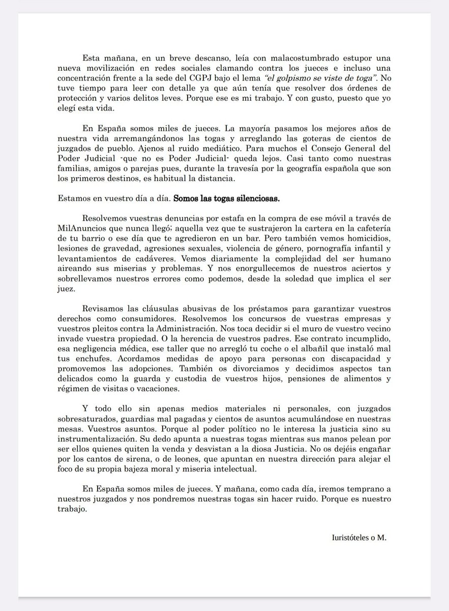 Carta abierta: 'Esta mañana leía con malacostumbrado estupor una nueva movilización clamando contra los jueces. No tuve tiempo de leer con detalle ya que aún tenía que resolver dos órdenes de protección y varios delitos leves. Porque ese es mi trabajo'. Las togas silenciosas.