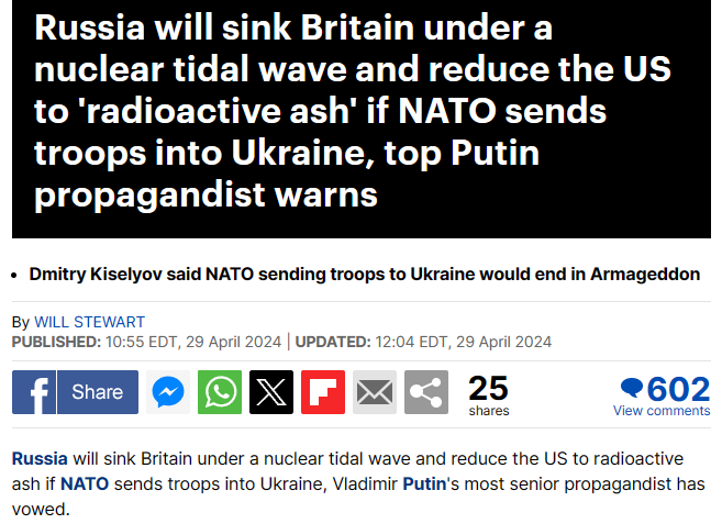 ⚠️REPORT: 'Russia will sink Britain under a nuclear tidal wave and reduce the US to radioactive ash if NATO sends troops into Ukraine, Vladimir Putin 's most senior propagandist has vowed.'

#Russia | #Ukraine | #UkraineRussiaWar | #USA |  #NATO | #News