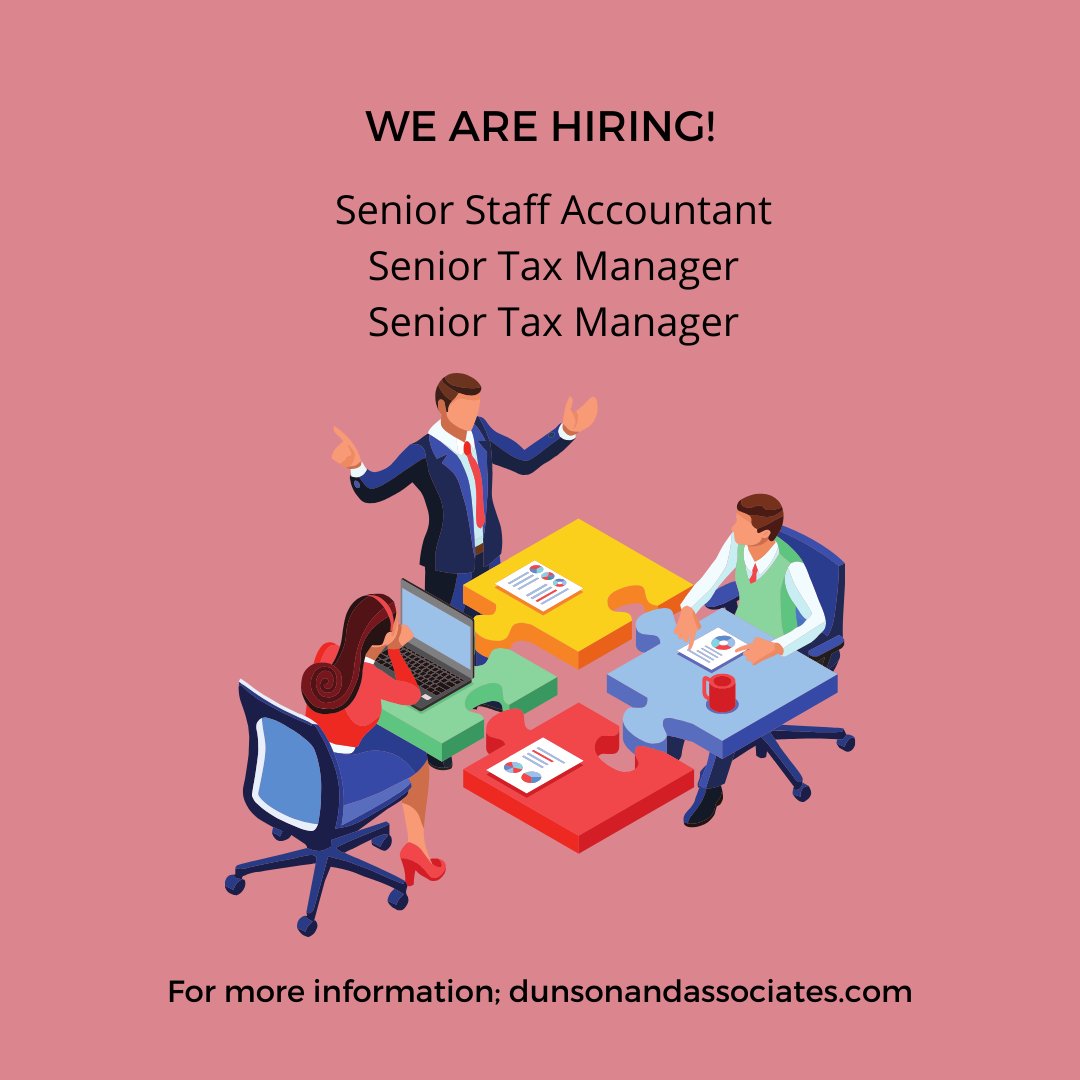 Our clients are looking for the following:

Senior Staff Accountant
Location: Hamilton, ON
Details: bit.ly/3THG0o2 

Senior Tax Manager
Location: Toronto, ON
Details: dunsonandassociates.com/open-jobs.html…

Senior Tax Manager
Location: Markham, ON
Details: bit.ly/43uWWkL 
 ...